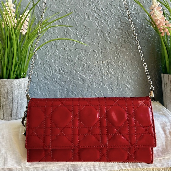 Lady Dior Cannage Quilted Cherry Red Patent Leather Calfskin Wallet Bag & Chain - Picture 8 of 17